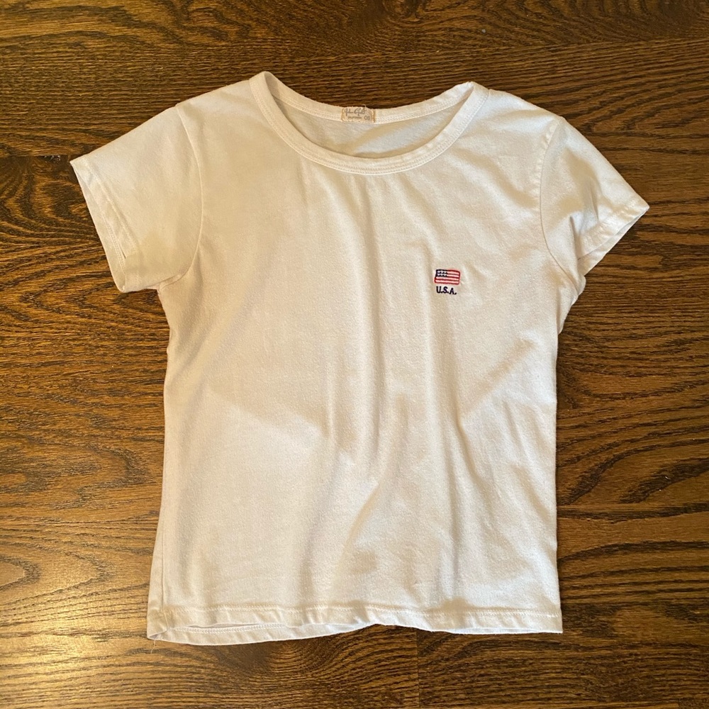 White Brandy Melville Cropped USA T Shirt